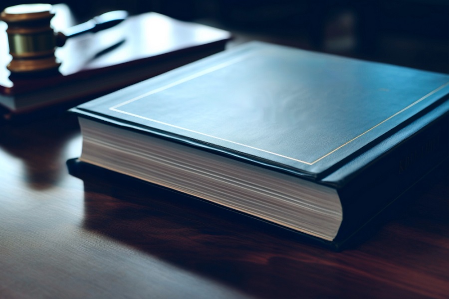 Hard-cover rulebook on a wooden table next to another book with judge hammer on top of it